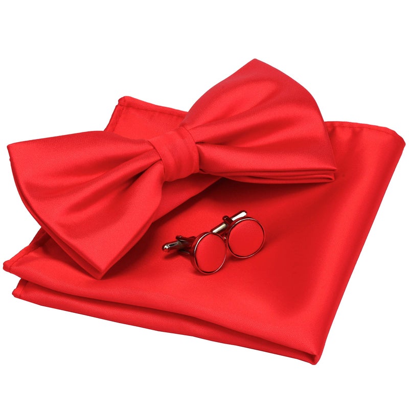 GUSLESON Mens Adjustable Solid Red Bow Tie Pre-tied Wedding Bowtie and Pocket Square Cufflink Set With Box (0570-12) - Image 1